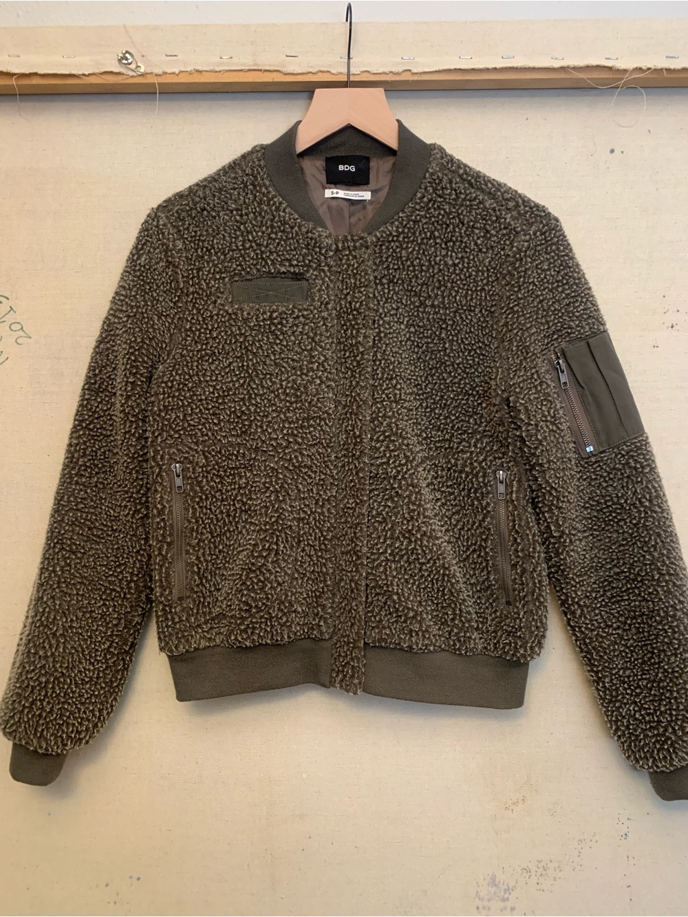 Urban Outfitters BDG Teddy Bomber Jacket - Olive Green - Women’s Small